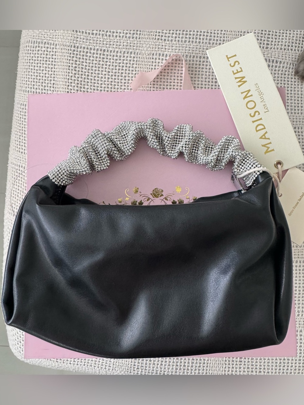 Madison West Black Shoulder Bag with Crystal Scrunched Handle